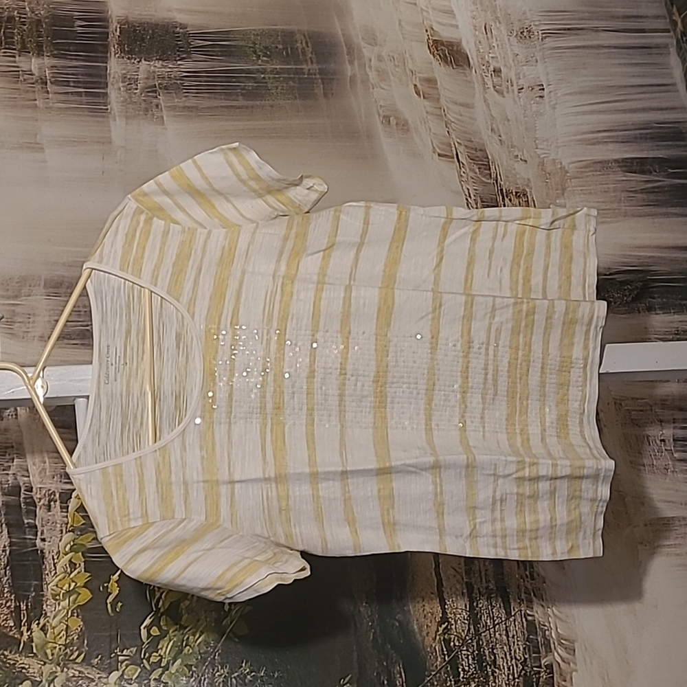 Coldwater Creek Womens Large sparkly sequin yellow striped short sleeve shirt